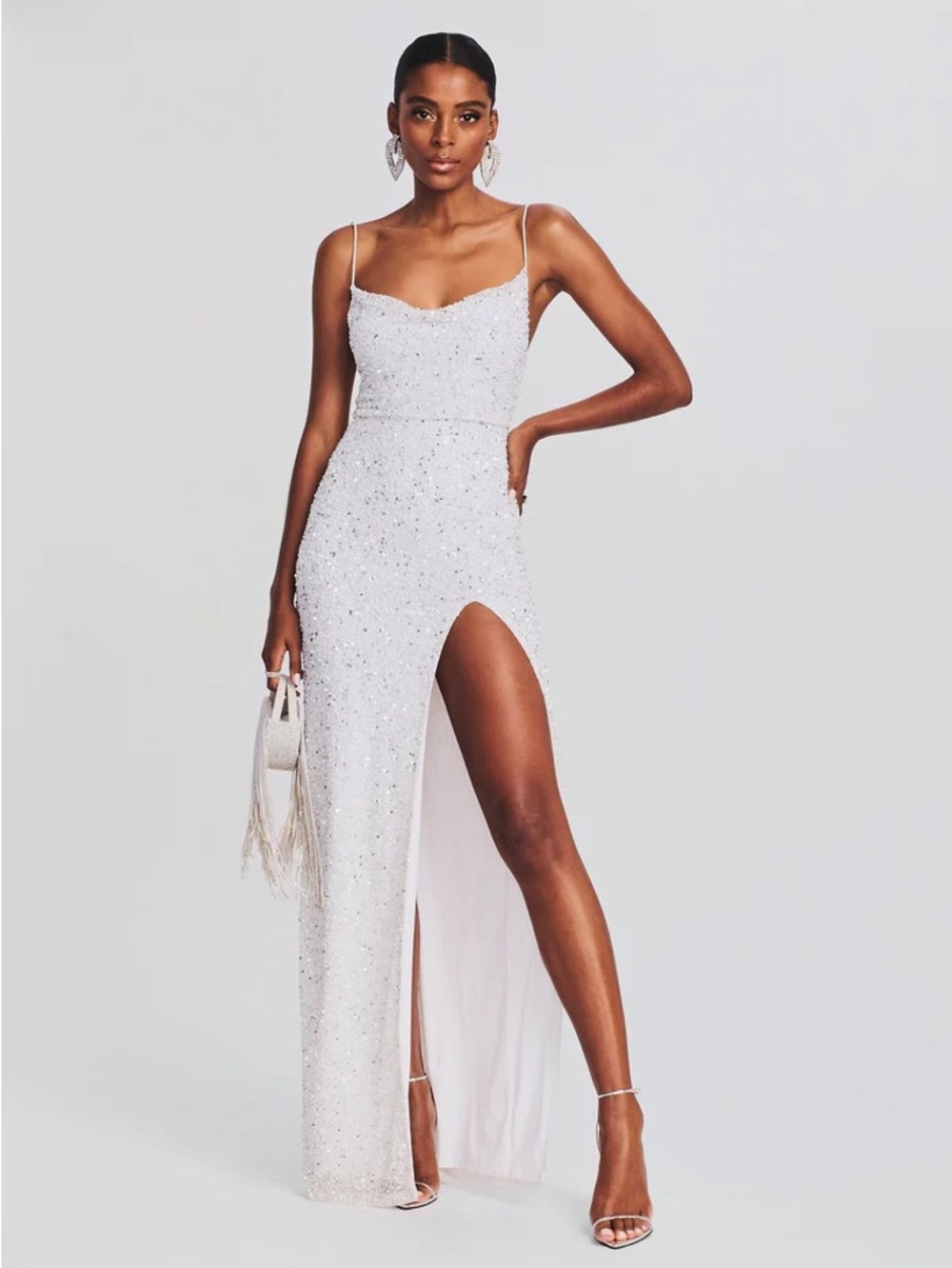 Retrofete Blair White/Silver Beaded Spaghetti-Strap Evening Gown